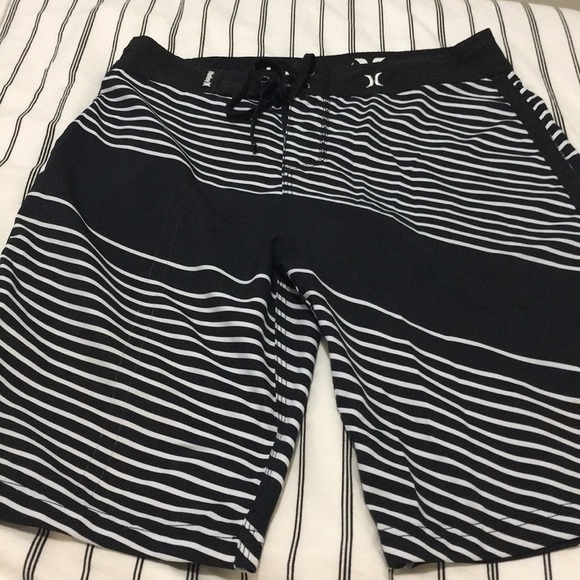 mens black and white striped swim trunks